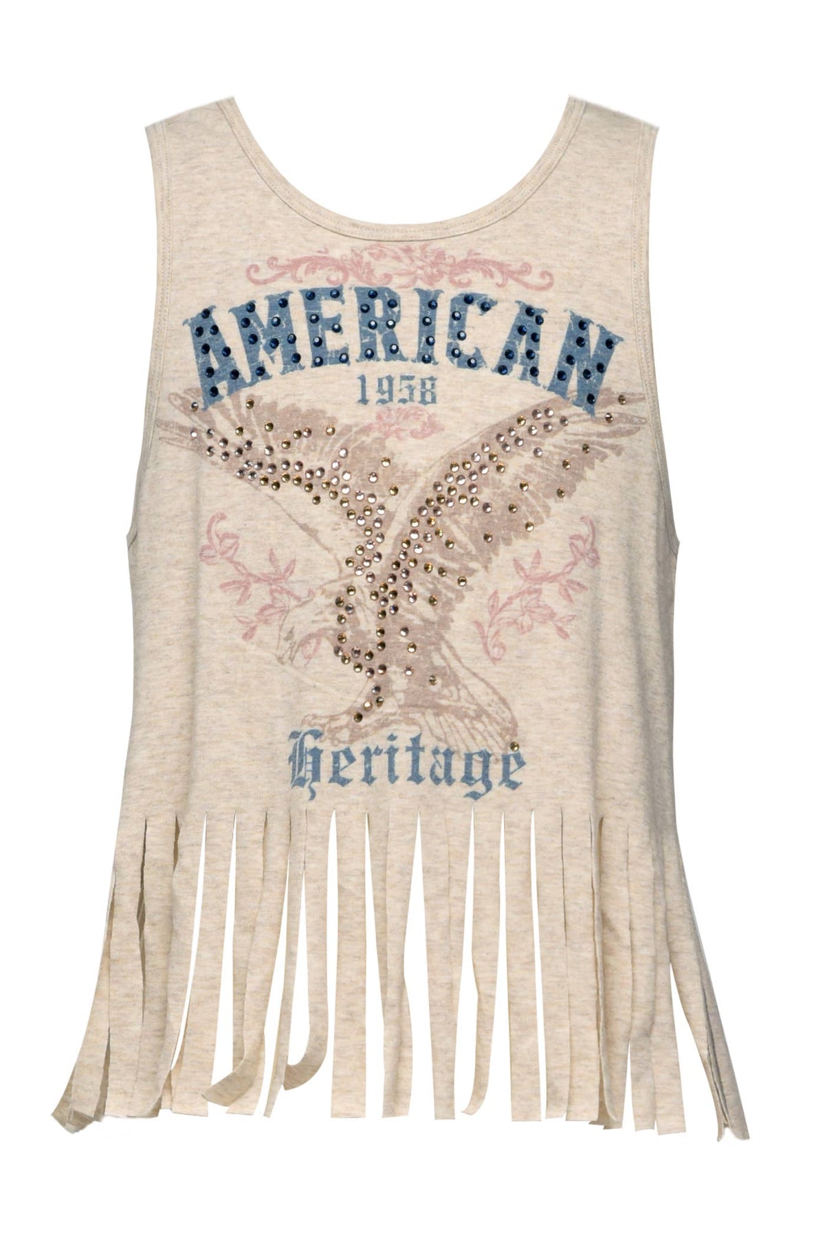 My hannah banana Girl’s American Eagle Vintage Fringe Tank Top.  Scoop Neckline   Sleeveless   Ultra Soft Knit Fabrication  Retro/Vintage Look  Eagle & “American Vintage Text”  Fringe Details Perfectly Patriotic & Perfect for 4th of July  Imported