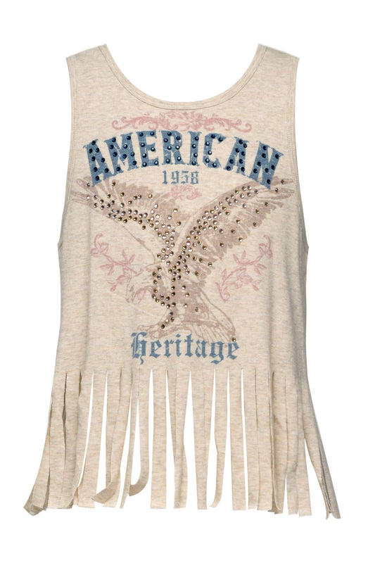 My hannah banana Girl’s American Eagle Vintage Fringe Tank Top.  Scoop Neckline   Sleeveless   Ultra Soft Knit Fabrication  Retro/Vintage Look  Eagle & “American Vintage Text”  Fringe Details Perfectly Patriotic & Perfect for 4th of July  Imported