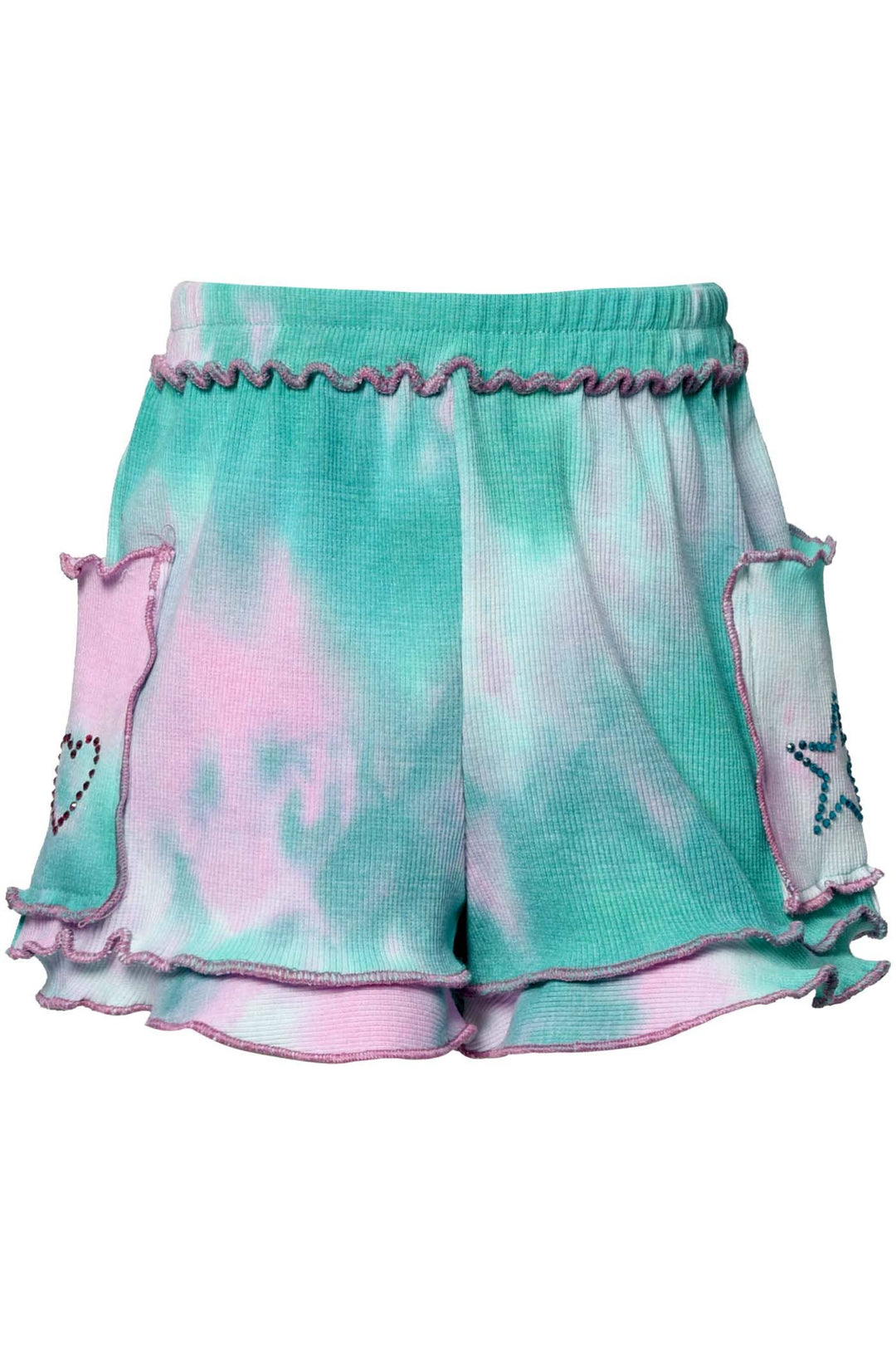 Little Girl’s Tie-Dye Rhinestone Heart Star Shorts.  Elastic Ruffled Waistline   Exposed Color Block Stitching  Watermelon Tie Dye W/ Jade & Pink Color  Pockets W/ Rhinestone Star & Heart Details Tiered Hemline  Imported