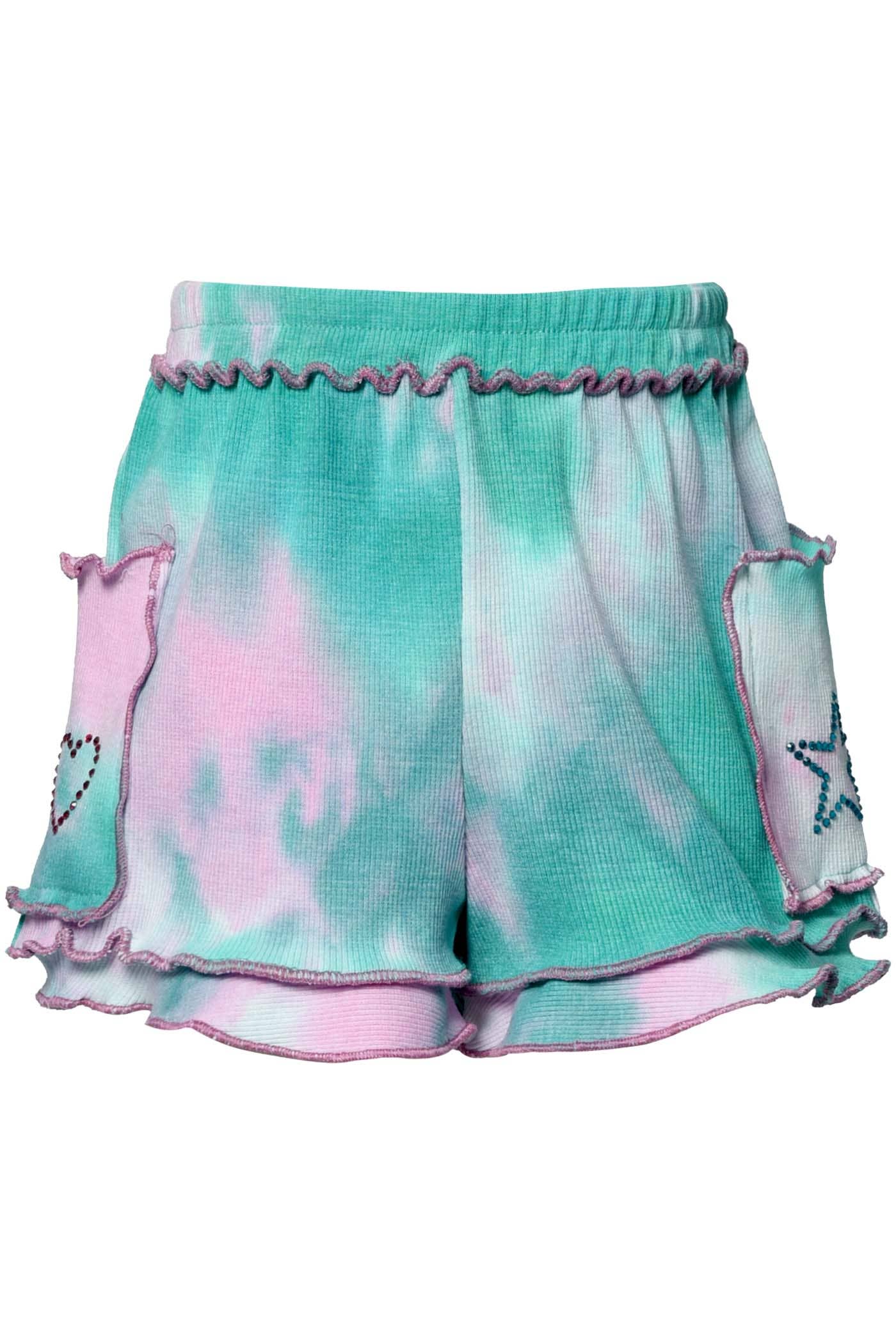 Little Girl’s Tie-Dye Rhinestone Heart Star Shorts.  Elastic Ruffled Waistline   Exposed Color Block Stitching  Watermelon Tie Dye W/ Jade & Pink Color  Pockets W/ Rhinestone Star & Heart Details Tiered Hemline  Imported