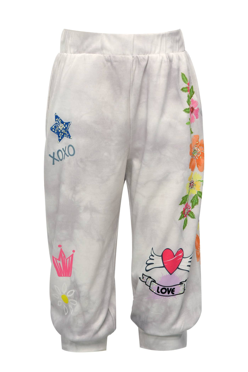 My Hannah Banana Girl’s XOXO Graphic Printed French Terry Joggers.    Thick Elastic Waistline  Sporty Grey Tie Dye Jogger Artsy Fun Graphic Prints: Hearts, Stars, Crown, and Floral A Comfy Sporty Athleisure Look!  Imported