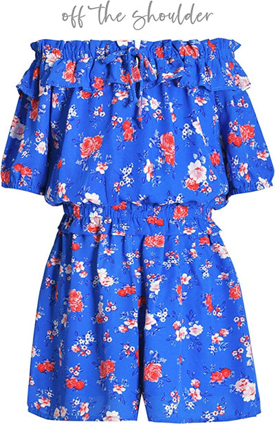 Big Girl’s Ruffle Vintage Floral Print Romper  Elastic Boat Neck With Ruffle Trim Or Off The Shoulder  Short Puff Sleeve   Elastic Waistline With Ruffle  Detail  Vintage Retro Rose Floral Print  Truly Me designer and fashion forward little and big girls' rompers created with your little girl in mind.  All rompers designed to be on trend so she can be her best and most confident in the latest styles.