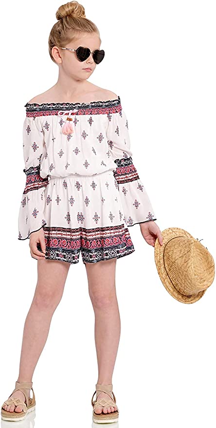 Big Girls Bohemian Boarder Print Romper  Round Smocked Elastic Neckline  Beaded Tassel Tie Detail  3/4 Sleeves With Smocked Elbow Semi Flared Sleeves  Elastic Waistline   Floral Bohemian Boarder Print Details All Over Print  Perfect Tones for All Seasons: Spring,Summer, Fall, and Winter Romper