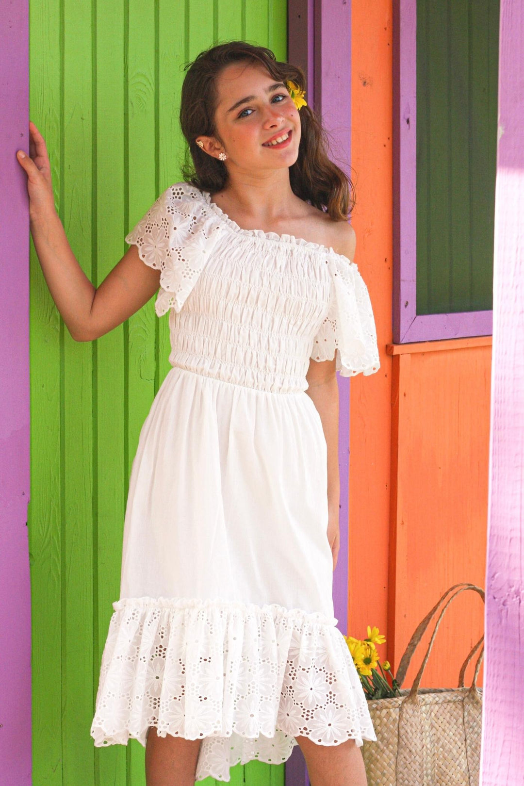 Eyelet Lace Ruffled Smocked Top High Low Dress