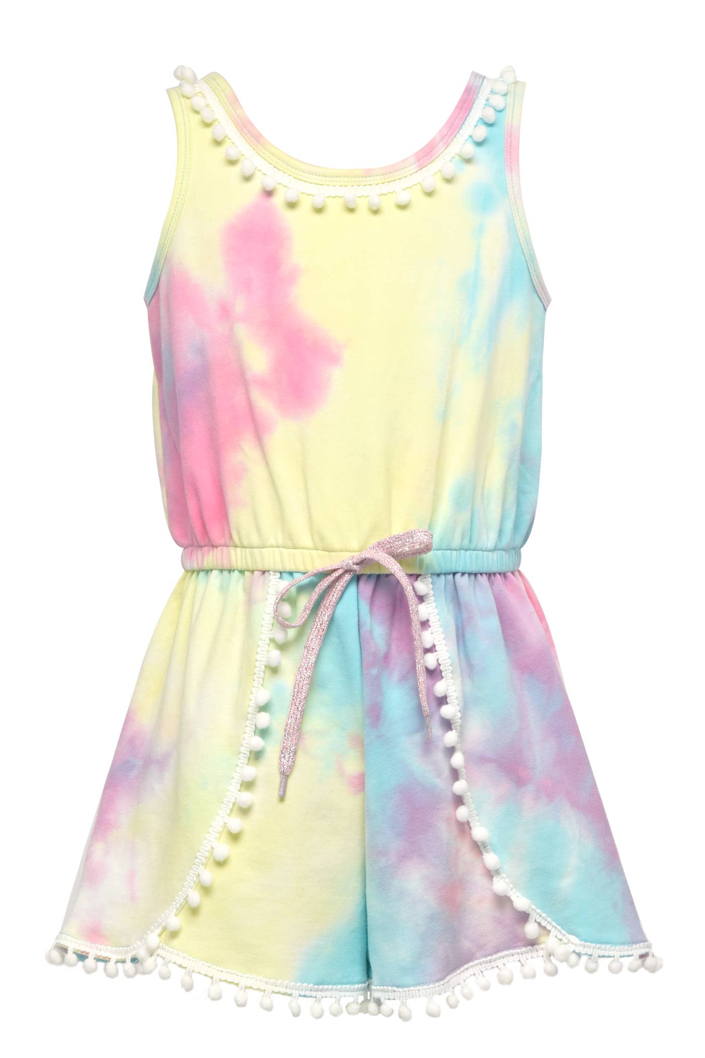 My Hannah Banana Girl’s Tie Dye Print Faux Wrap Sleeveless Romper.    Round Neckline W/ Pom Pom Trim Sleeveless  Elastic Waistline & Tie  Tulip Split W/ Pom Pom Trim Cotton Candy Tie Dye    Imported