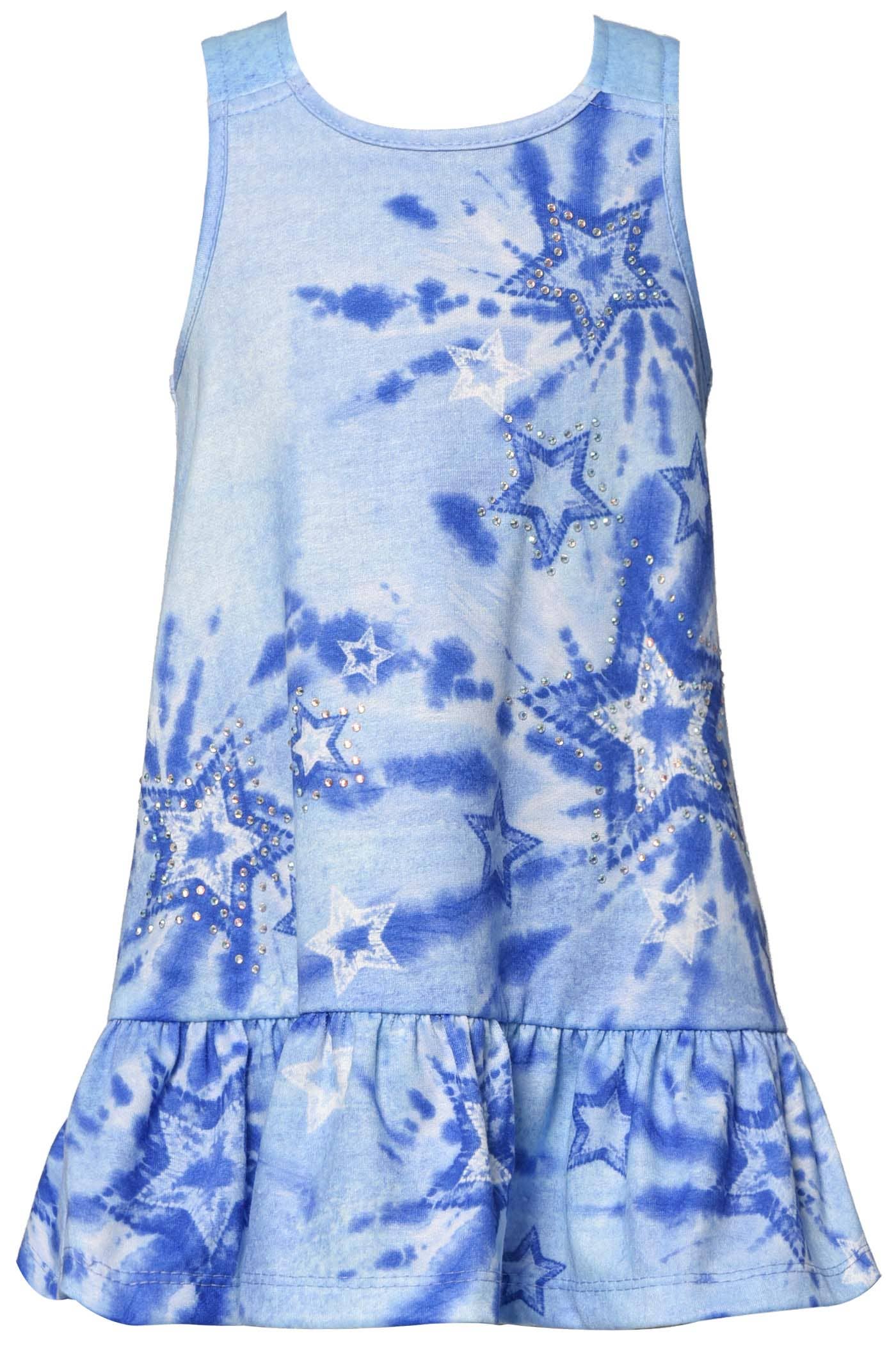 My Hannah Banana Little Girl’s Tie Dye Star Drop Waist Dress.  Round Neckline  Sleeveless Tie Dye Star Print Rhinestone Bling Details Around Stars Ruffled Dropped Waist  A Series of Blue Tones. The Perfect Dress for 4th of July For The Little Patriotic Angel. Imported.