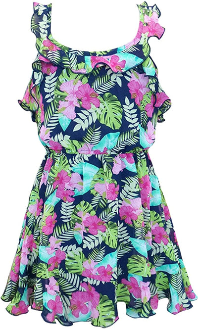 Little Girls Tropical Floral Ruffled Dress  Scoop Ruffled Neckline   Sleeveless   Elastic Gathered Waist  Vibrant Tropical Leaf & Floral Print   Above The Knee Length & Ruffled Trim   The Perfect Dress for Beach Trips, Vacations, and Summer. 