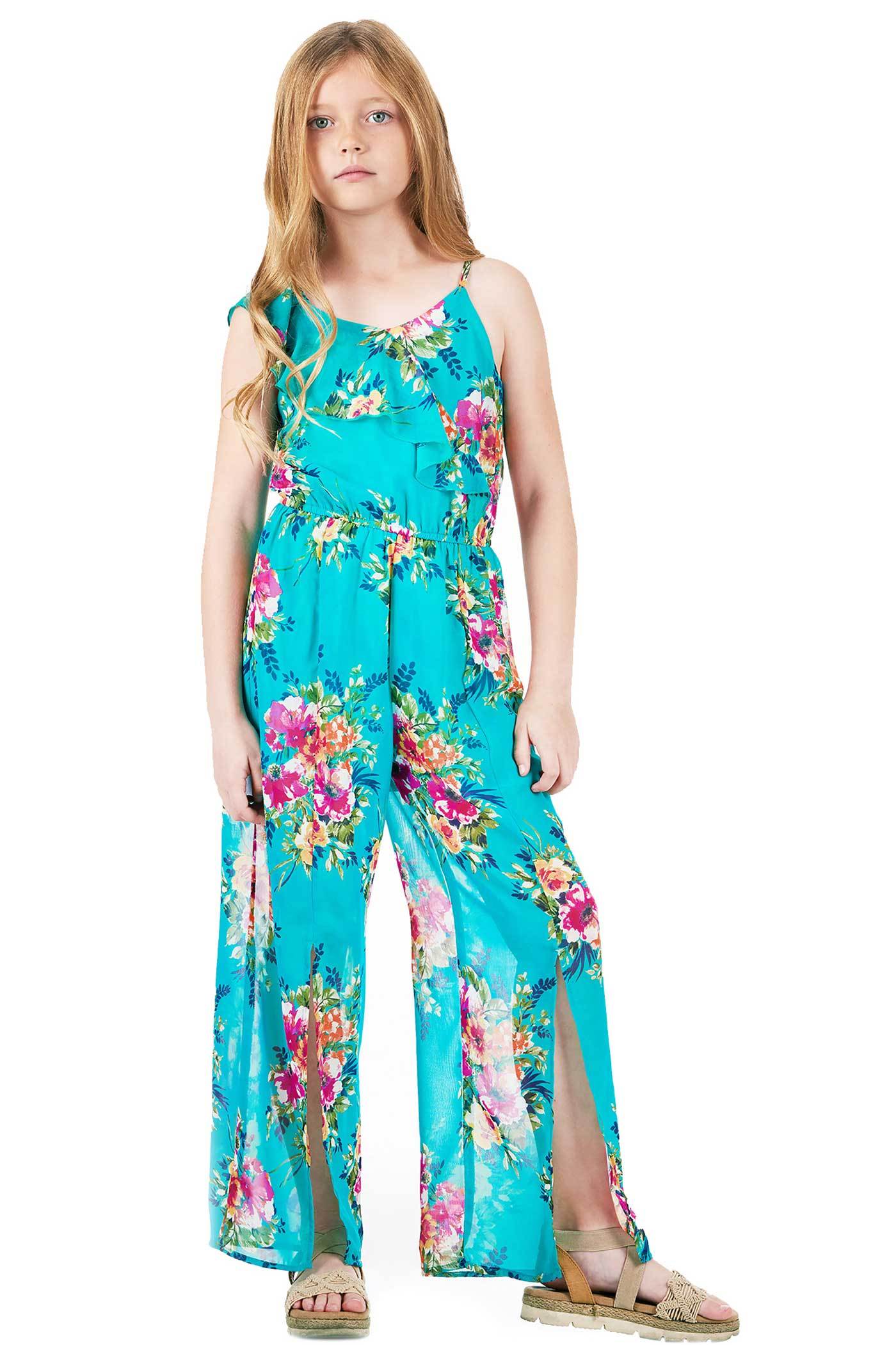 big girls tween girls floral print spring summer ruffle jumpsuit
