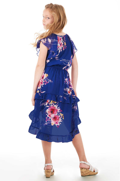 Big Girls High Low Floral Print Ruffled Chiffon Dress