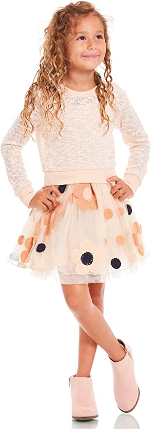 Little Big Girls Twofer Fit & Flair Daisy Dress  Mixed Media Two-fer  Heathered Like Upper  Roud Neckline  Long Sleeves  Tutu Skirt Bottom  Polka Dot & Daisy Floral Print  A Perfect Everyday Dress!