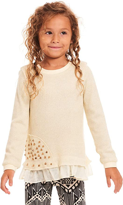 Little Girl’s Thin Knit Gold Stud Ruffle Pullover  Round Neckline   Long Sleeves   Thin Knit Material   Faux Layered Ruffle Hem Look  Gold Embellishments on Side  SELF: 88% Acrylic / 12% Lurex, CONTRAST: 100% Polyester, LINING: 100% Polyester  Made in high quality sweater knit fabrication with gold metallic thread.