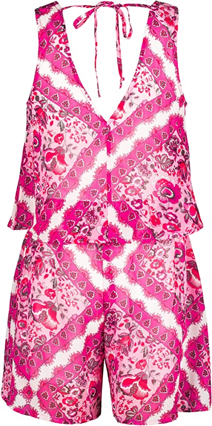 Tween Girls Boho Boarder Print Romper  Scoop Neckline  Sleeveless  Floral Bohemian Boarder Print  Vibrant Pink Tones   V Back Detail & Neck Tie  Truly Me designer and fashion forward little and big girls' rompers created with your little girl in mind.  All rompers designed to be on trend so she can be her best and most confident in the latest styles.  Rompers made with full attention to detail by using custom designed prints, vibrant color palettes, and charming embellishments.