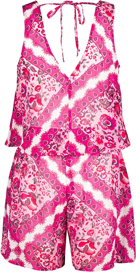 Tween Girls Boho Boarder Print Romper  Scoop Neckline  Sleeveless  Floral Bohemian Boarder Print  Vibrant Pink Tones   V Back Detail & Neck Tie  Truly Me designer and fashion forward little and big girls&