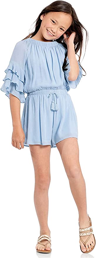 Big Girls Ruffle Sleeve Baby Blue Romper  Ruffled Elastic Boat Neck (Can be work on of off the shoulder!)  3/4 Tiered Ruffle Sleeves  Drawstring Tassel Tie Waistline   The perfect romper for all seasons.  SELF: 100% Rayon, LINING: 100% Polyester  Rayon gauze fabrication with soft hand-feel.