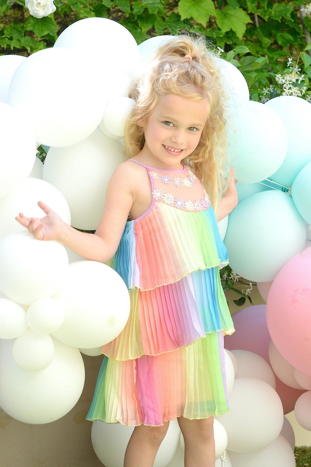 Little Girls Pleated Ruffle Tiered Rainbow Doll Dress