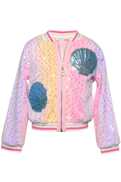 Little Girl’s Ombré Rainbow Sequin Shell Bomber  Sporty Ribbed Knit Trim  Athleisure Look w/ Stripes  Purple, Pink, and Yellow Tie Dye Ombre  Radiant Pink Sequins All Over  Statement Metallic Seashell  Long Sleeves  Zipper Closure   