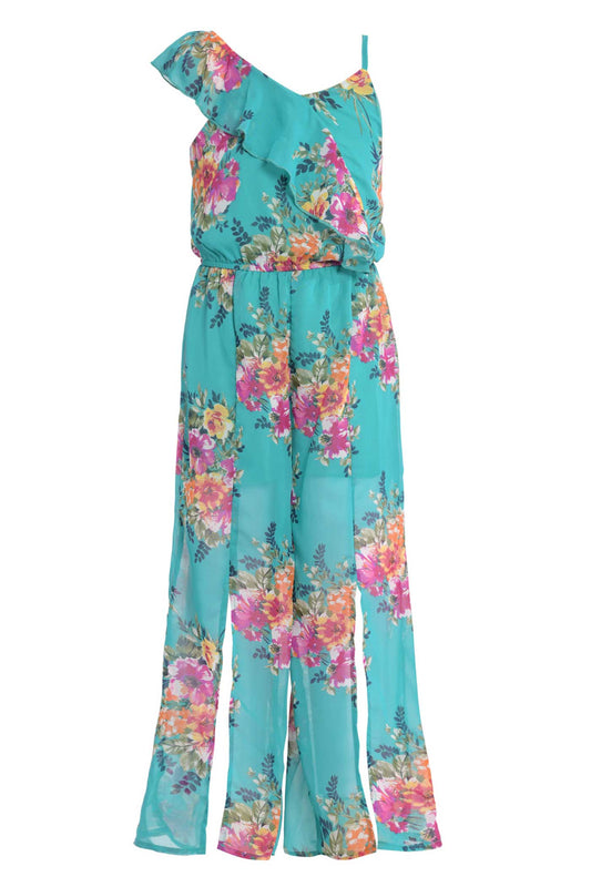 big girls tween girls floral print spring summer ruffle jumpsuit