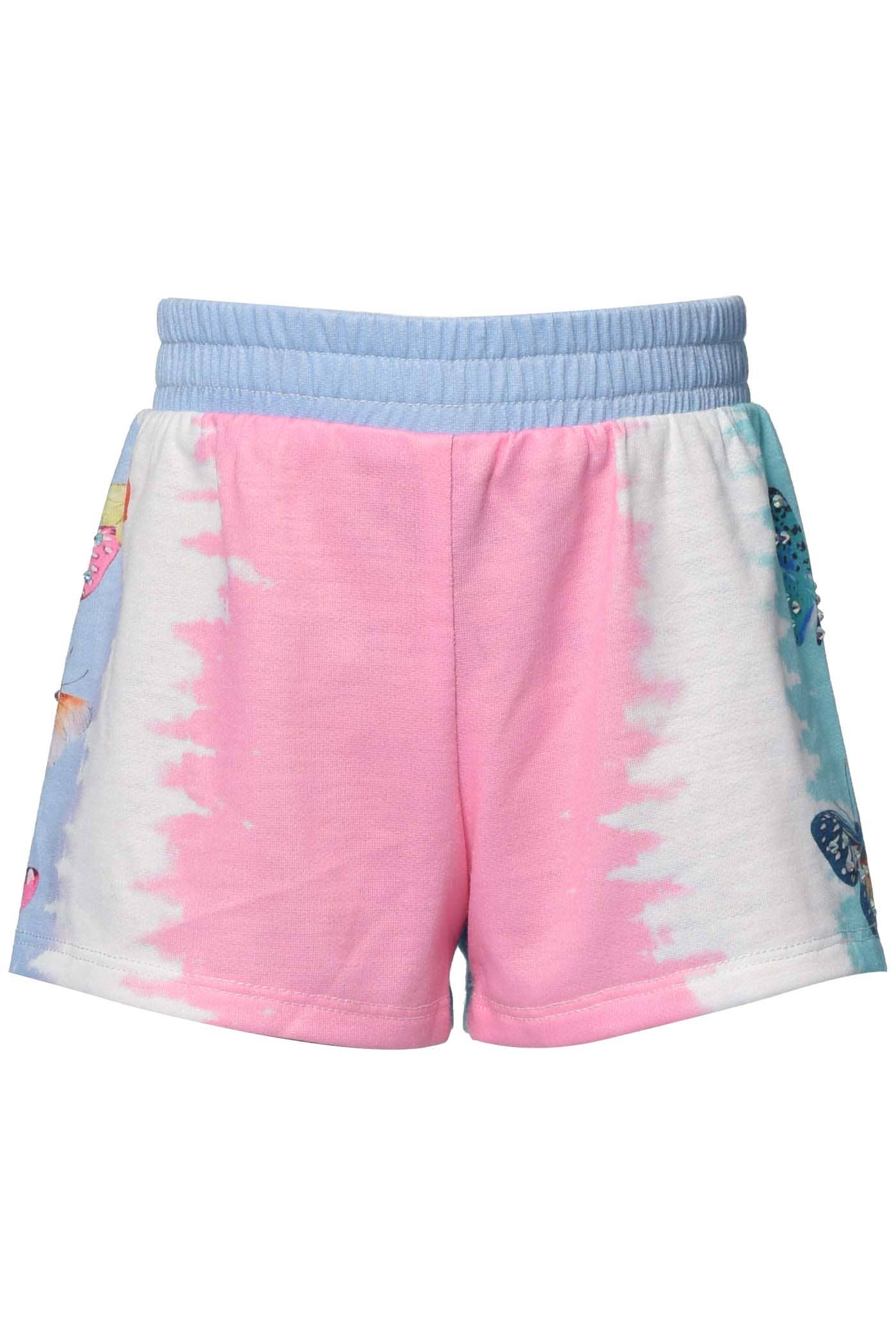 Elastic Waistline  Color Block Tie Dye   Butterfly Graphic Print On Sides Super Spring & Summer Ready A Sporty Chic Athleisure Look  The Perfect Comfort & Style Oriented Bottom Imported.  Little Girl’s Color Block Butterfly Shorts My Hannah banana