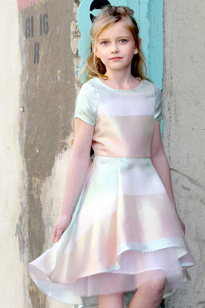 Big Girls Pastel Striped Fit and Flare High Low Party Dress