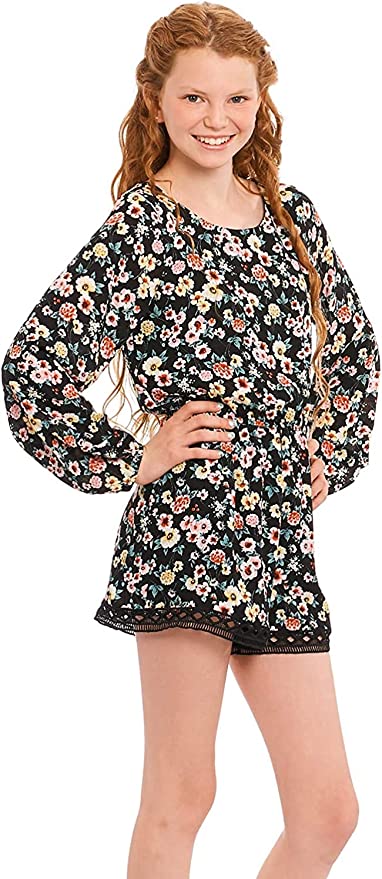 Big Girls Boho Chic Floral Print Romper  Round Neckline  Long Sleeves  Elastic Waistline  Darling Busy Retro Vintage Floral Print  Diamond Striped Embroidered Trim On Short Portions  Back Button Closure  100% Polyester  SELF: 100% Polyester / LINING: 100% Polyester  Adorable and easy long sleeve romper with lattice lace detail at short hems.