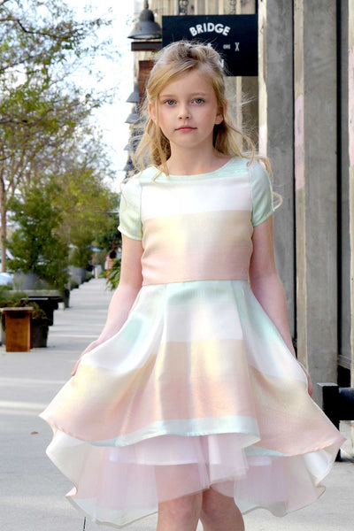 Big Girls Pastel Striped Fit and Flare High Low Party Dress