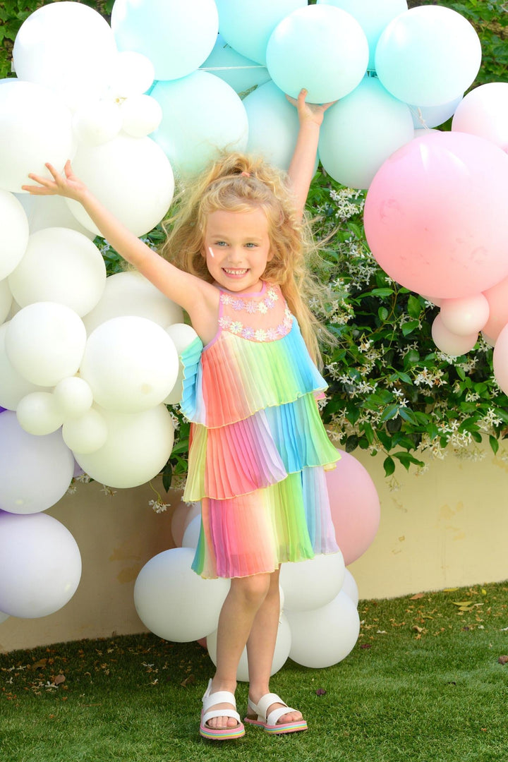 Little Girls Pleated Ruffle Tiered Rainbow Doll Dress