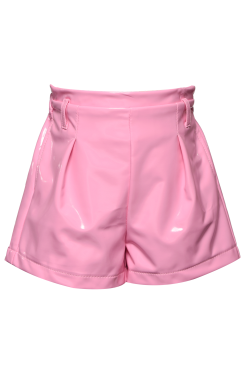 Little l Big Girls Bubble Gum Pink Pleated Pleather Shorts  High Waisted Shorts  Belt Loops  Pleated Detail  Liquid Vegan Leather