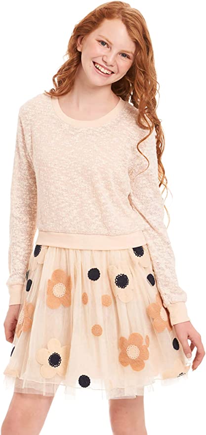 Little Big Girls Twofer Fit & Flair Daisy Dress  Mixed Media Two-fer  Heathered Like Upper  Roud Neckline  Long Sleeves  Tutu Skirt Bottom  Polka Dot & Daisy Floral Print  A Perfect Everyday Dress!