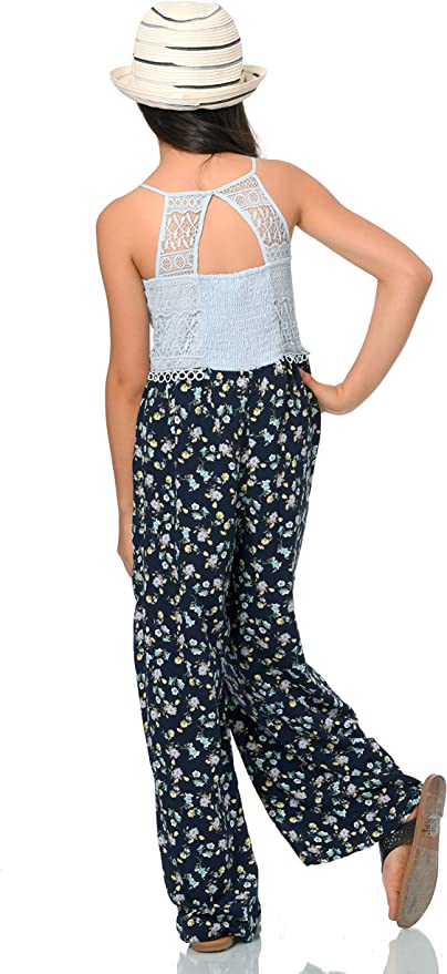 Little Girls Crochet Vintage Floral Split Leg Jumpsuit