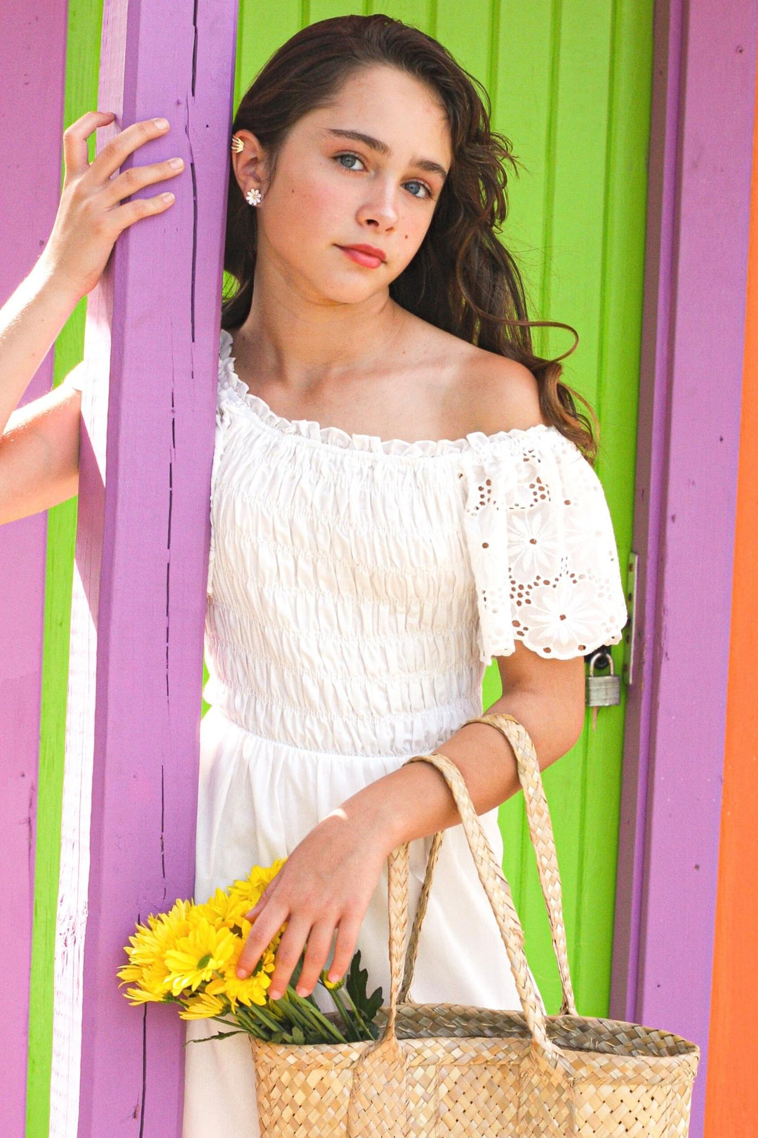 Eyelet Lace Ruffled Smocked Top High Low Dress