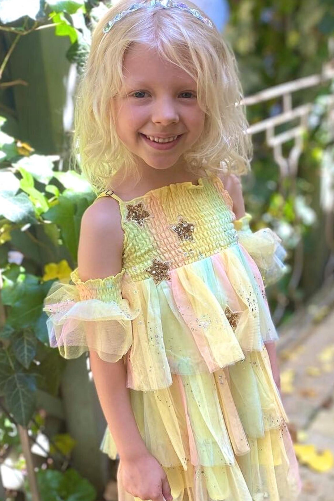 Pastel Tiered Mesh Dress W/Star Trim Detail