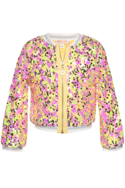 Little l Big Girl’s Sunrise Sequin Bomber Jacket  Hey There,Sunsine!  This Is The Best Bomber for Spring & Summer.  Sporty Athleisure Look With A Glam Look  Metallic Silver Striped Ribbed Trim on Neckline, Cuffs, and Hem  Neon Yellow Orange, Metallic Gold, and  Cotton Candy Pink Sequins  Color Block Exposed Edgy Zipper Closure