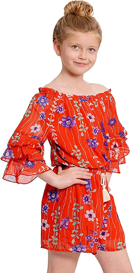 Big Girls Ruffle Sleeve Floral Print Romper  Ruffled Elastic Boat Neck (Can be work on of off the shoulder!)  3/4 Tiered Ruffle Sleeves  Burgundy, Pink, and White Floral Print  Drawstring Tassel Tie Waistline   The perfect romper for all seasons.  100% Polyester  SELF: 100% Polyester, LINING: 100% Polyester  Versatile romper that can be worn on and off the shoulder. Comes in a high quality chiffon fabrication. Super soft knit lining included.