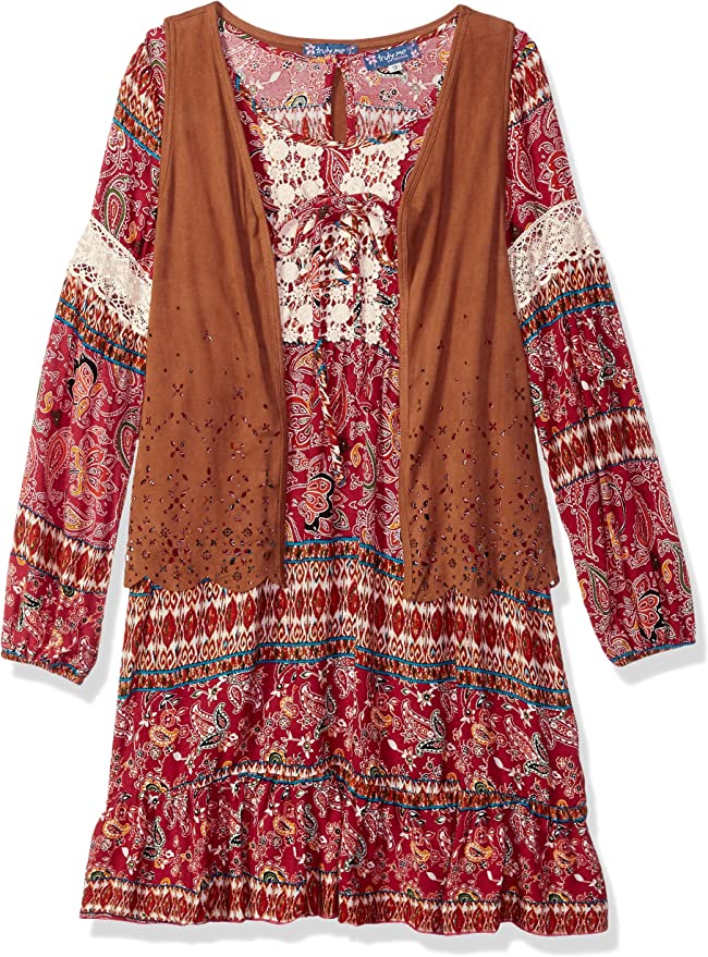 Little I Big Girls Boho Boarder Print Yoke Dress  Scoop Boat Neck  Front Tie Details  Long Sleeves  Lace Crochet Details on Chest & Arms  Bohemian Floral Abstract Boarder Print  Ruffled Lower Trim  Back Keyhole & Button Closure  Vest Coverup  Truly Me is for the girl who is crafty and well put-together. Her wardrobe offers affordable casual to semi-dressy options that are easily dressed UP or DOWN. Designs are smart and charming.