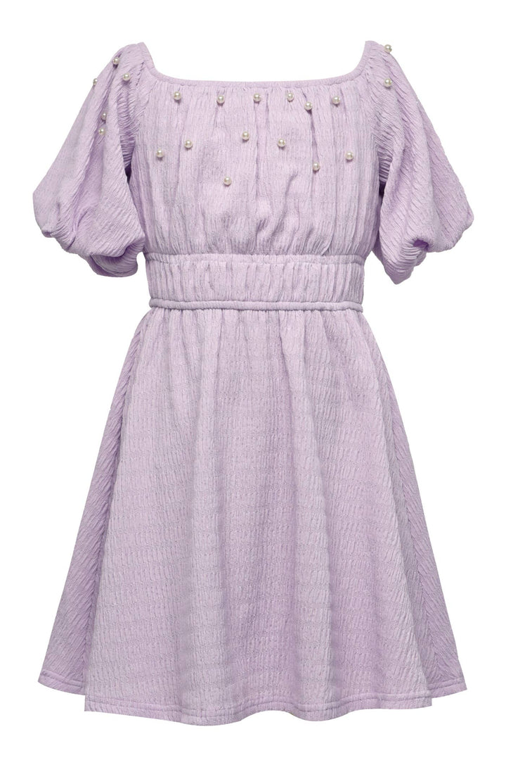 My Hannah Banana Girl’s Pearl Puff Sleeve Off The Shoulder Doll Dress.  Square Elastic Neckline/ Off The Shoulder Half Puff Sleeves Pearl Details All Over Top Chest Area Double Elastic Waistline  Pleated Details All Over  A Beautiful Pastel Purple/ Lilac/ Lavender Midi Dress.  Imported