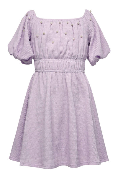 My Hannah Banana Girl’s Pearl Puff Sleeve Off The Shoulder Doll Dress.  Square Elastic Neckline/ Off The Shoulder Half Puff Sleeves Pearl Details All Over Top Chest Area Double Elastic Waistline  Pleated Details All Over  A Beautiful Pastel Purple/ Lilac/ Lavender Midi Dress.  Imported