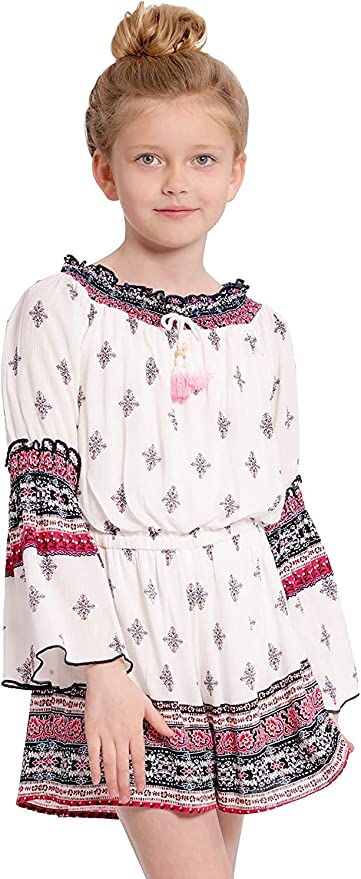 Big Girls Bohemian Boarder Print Romper  Round Smocked Elastic Neckline  Beaded Tassel Tie Detail  3/4 Sleeves With Smocked Elbow Semi Flared Sleeves  Elastic Waistline   Floral Bohemian Boarder Print Details All Over Print  Perfect Tones for All Seasons: Spring,Summer, Fall, and Winter Romper