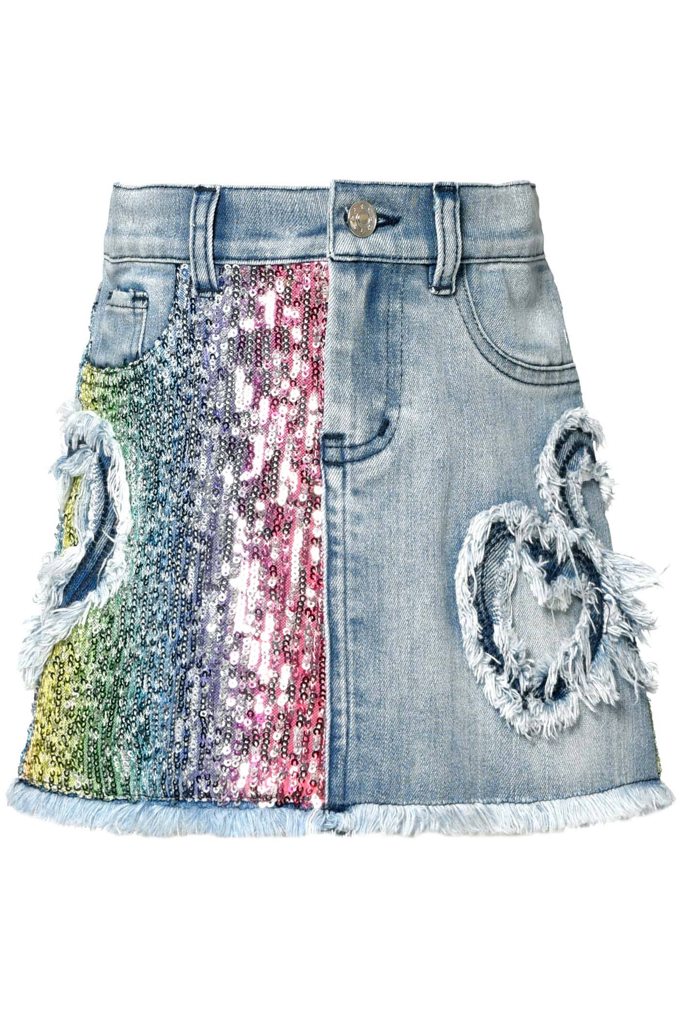 Little Girl’s Distressed Rainbow Sequin Denim Skirt My Hannah Banana Distressed Hearts & Frayed Ham Zipper & Button Closure Half Rainbow Sequin Statement Belt Loops On Waistline  Light Wash Denim Jean Shorts The Perfect Skirt For The Little Rockstar.   Imported