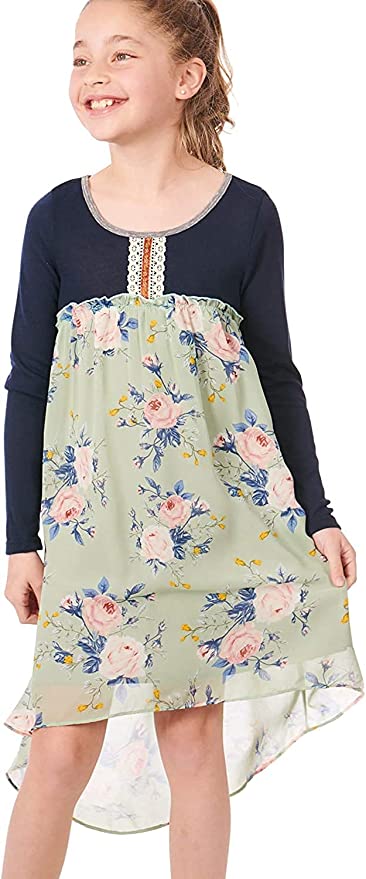 Truly Me Big Girls Boho Chic Floral High Low Dress  Scoop Round Neckline With Contrast Trim  Center Chest Lace Crochet Trim  Lettuce Ruffle Empire Waist  Pink, Blue and Mustard Yellow Floral Print   Navy Upper & Dusty Green Lower Dress  High Low Detail  Lined Skirt Portion  100% Polyester  Hand Wash Only