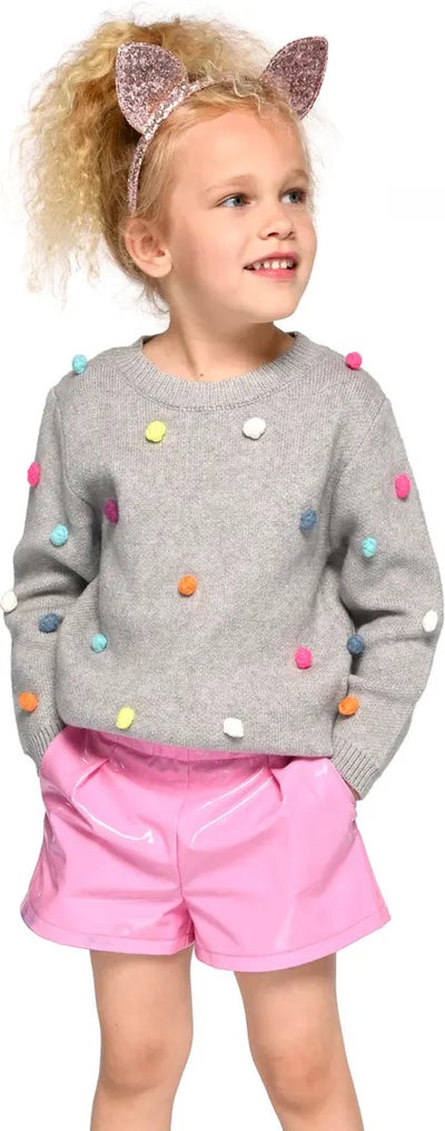 Little Girls Rainbow Pom Pom Knit Pullover  Round Neckline  Ribbed Neckline,Cuffs, and Trim  Colorful Rainbow Pom Poms  Thin Soft Knit 