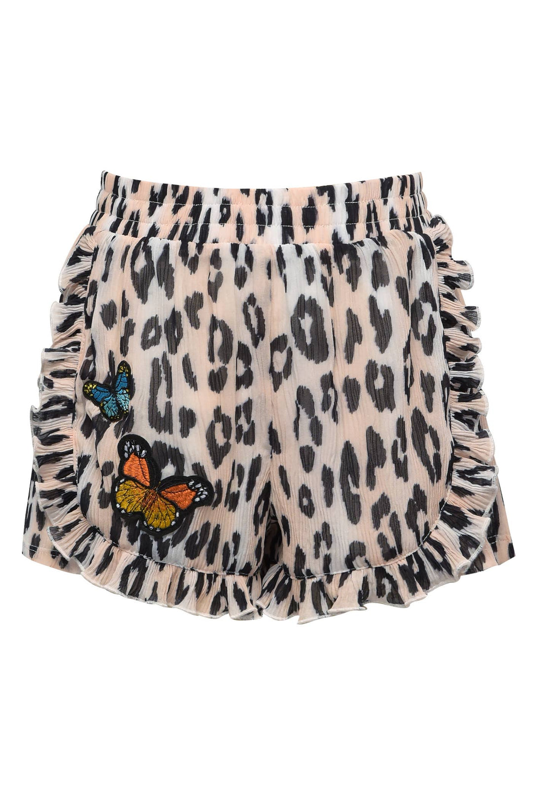 My hannah banana baby Sara truly me Girl’s Animal Print Ruffled Butterfly Shorts.  Elastic Waistband Leopard Cheetah Animal Print  Butterfly Patches  Ultra Soft Knit Fabrication  Ruffled Details  Perfect Shorts For A Summer Safari Theme Birthday Party Imported