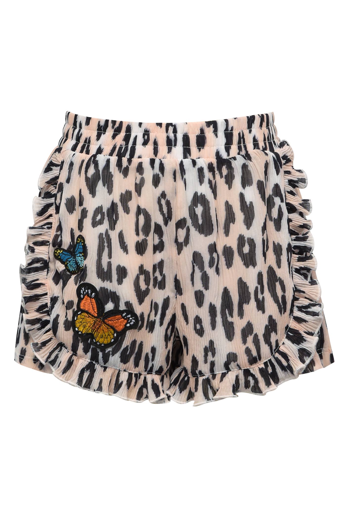 My hannah banana baby Sara truly me Girl’s Animal Print Ruffled Butterfly Shorts.  Elastic Waistband Leopard Cheetah Animal Print  Butterfly Patches  Ultra Soft Knit Fabrication  Ruffled Details  Perfect Shorts For A Summer Safari Theme Birthday Party Imported