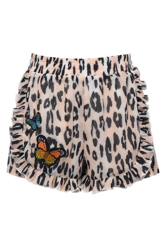 My hannah banana baby Sara truly me Girl’s Animal Print Ruffled Butterfly Shorts.  Elastic Waistband Leopard Cheetah Animal Print  Butterfly Patches  Ultra Soft Knit Fabrication  Ruffled Details  Perfect Shorts For A Summer Safari Theme Birthday Party Imported