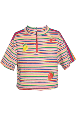 Little l Big Girl’s Striped Fruit Terry Clothe Top  Mock & Color Block Zipper Neckline  Rainbow Stripe On Shoulder  Retro Vintage Stripes All Over  Cherry, Pineapple, and Cherry Patches   