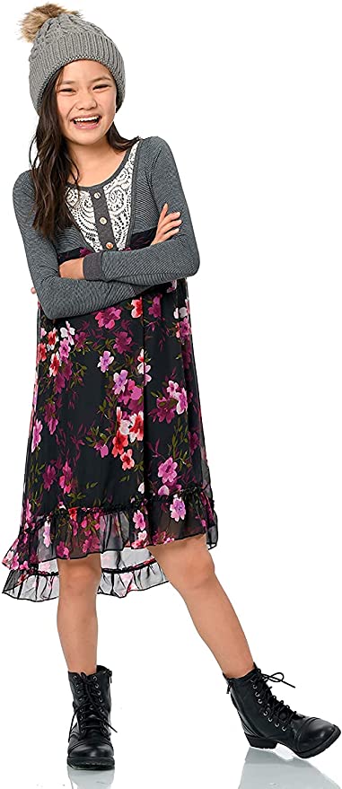 Truly Me Big Girls Lace Bib Ruffled Floral Hi-Lo Dress  Round Scooped Neckline  Lace Bib Chest With 3 Buttons  Empire Waistline  Large Floral Print  Lettuce Ruffle Lower Skirt   Lined Skirt Portion  100% Polyester  Imported