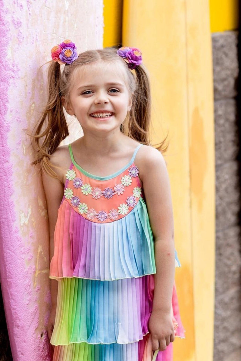 Little Girls Pleated Ruffle Tiered Rainbow Doll Dress