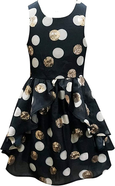 Hannah Banana Big Girls Tween Sequin Polka Dot Party Dress  Scoop Neckline  Sleeveless  Polka Dot Print  Gold Sequin Polka Dots  Multi Tiered Ruffles  The perfect party dress for the holiday seasons.  Christmas Pictures  New Years