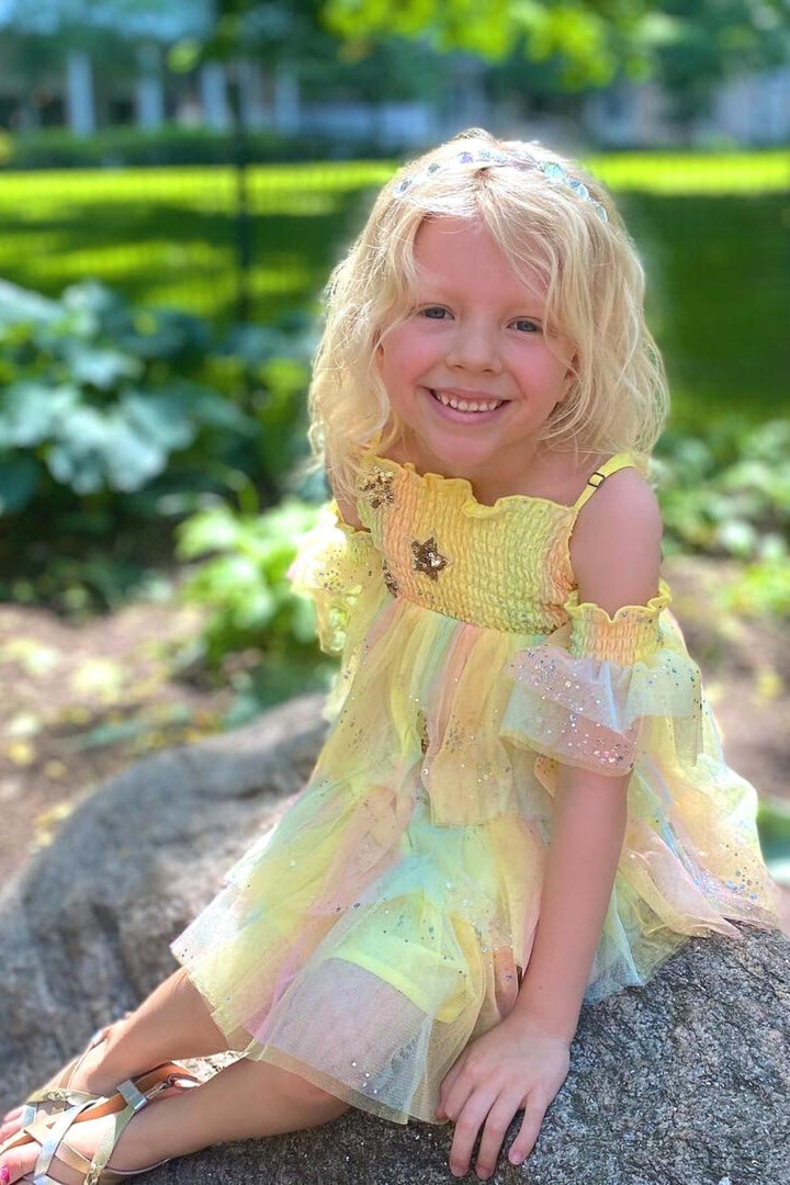 Pastel Tiered Mesh Dress W/Star Trim Detail