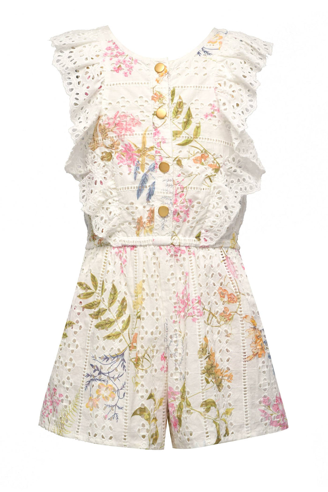 My Hannah Banana Rounds Neckline   Ruffled Lace Eyelet Cap Sleeves  Chic Spring/Summer Florals  Elastic Waistline   Gold Buttons Running Down The Front  From Toddler-Tween Sizing  Imported.   Rounds Neckline   Ruffled Lace Eyelet Cap Sleeves  Chic Spring/Summer Florals  Elastic Waistline   Gold Buttons Running Down The Front  From Toddler-Tween Sizing  Imported