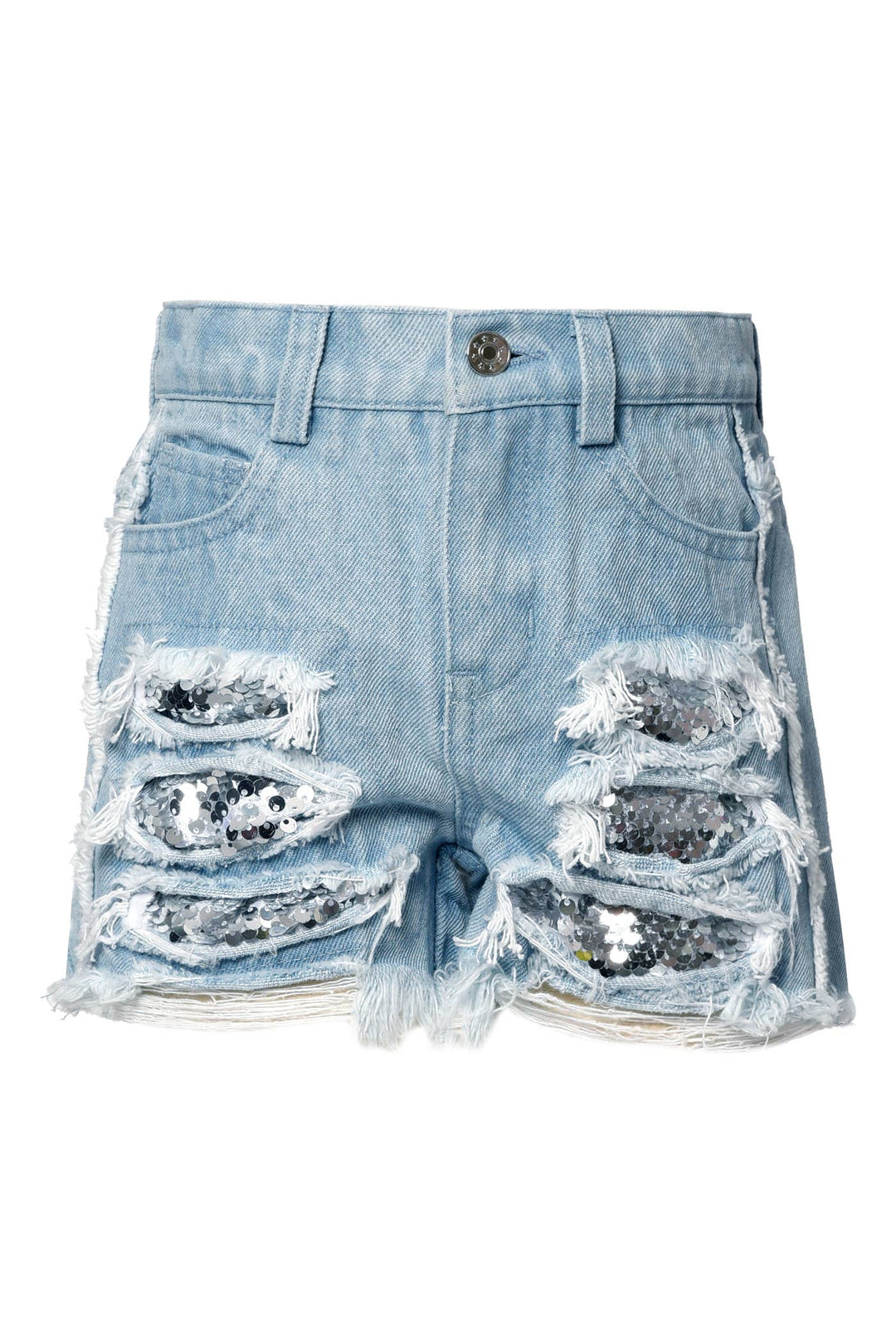 My Hannah Banana Little Girl’S Distressed Sequin Denim Shorts. Distressed Lower Shoulder Area  Zipper & Button Closure Silver Sequin Statement Distressed Belt Loops On Waistline  Light Wash Denim Jean Shorts The Perfect Shorts For The Little Rockstar.   Imported